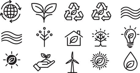 Fototapeta premium Vector art of collection of ecofriendly and sustainable living icons, including recycling, renewable energy, nature, and environmental protection symbols, isolated on white background