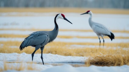 Naklejka premium Two cranes standing in a snowy field with dried grass and water, showcasing wildlife and natural habitat.