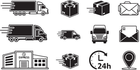 Vector art of set of black and white icons representing delivery and logistics services, including trucks, vans, packages, mail, a warehouse, and a 24hour clock, isolated on a white background