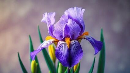 Purple iris flower with green leaves and yellow accents, close-up shot. Nature and floral photography, vibrant colors, botanical beauty.