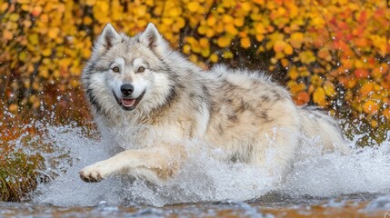Majestic wolf captured mid-run through a river surrounded by fall foliage beauty