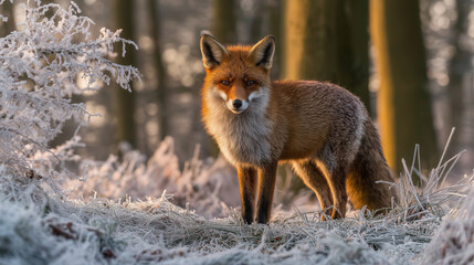 This image shows a red fox standing gracefully in a frosty winter forest. Its bright orange fur contrasts beautifully against the icy white grass and branches coated with frost. The soft sunlight filt