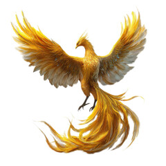 Fototapeta premium Golden bird with white wings is flying in the air