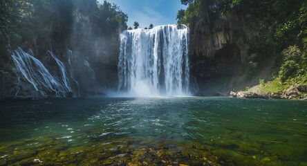 Fototapeta premium Spectacular waterfall cascades into clear turquoise water, inviting summer adventure