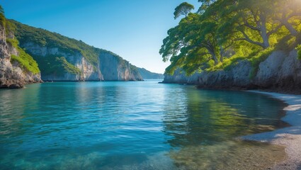 Obraz premium A river landscape with cliffs and lush green trees under a bright sky.