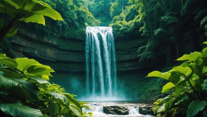 Waterfall in a lush green forest setting with cascading water and surrounding foliage. Nature scene with flowing water and dense vegetation.