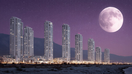 Cityscape night with tall buildings illuminated starry sky and large full moon, creating surreal