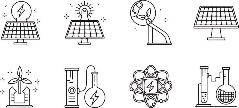 Vector art of collection of icons representing renewable energy sources like solar panels and wind turbines, alongside scientific research and atomic energy concepts, isolated on a white background