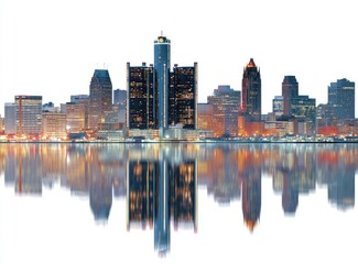 City skyline at twilight, reflected in water