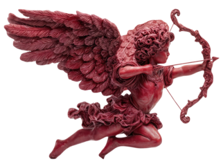 Red Cupid aiming with bow and arrow isolated on white background