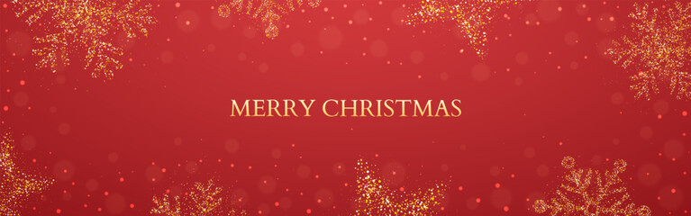 Christmas background with snowflakes and stars. Festive red banner with sparkling golden elements. Elegant decoration with bokeh. Xmas border for holiday greeting card. Vector illustration.