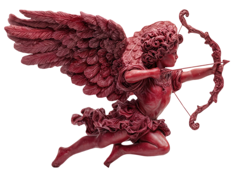 Red Cupid aiming with bow and arrow isolated on white background