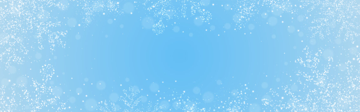 Snowflakes background. Winter blue texture with frozen effect. Christmas elegant frosty template with sparkling white bokeh and glitter snow. Holiday card or banner backdrop. Vector Illustration.