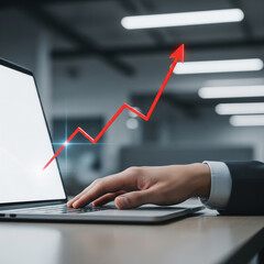 Businessman analyzing financial data on a laptop, with a red arrow graph indicating augmented business growth and success in the market.
