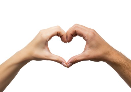 Two hands forming a heart shape closeup studio shot on transparent background