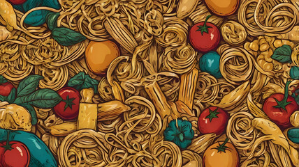 Colorful Pasta and Tomato Pattern – Food Illustration Artwork