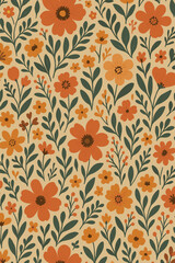 "Seamless Floral Pattern with Orange and Yellow Flowers and Green Leaves &ndash; Vintage Botanical Decorative Background for Textile, Wallpaper, and Fabric Design"