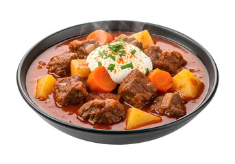 Fototapeta premium Hearty beef stew with vegetables and sour cream served in a black bowl on a dark background