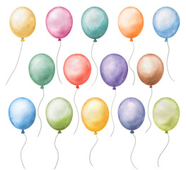 Watercolor illustration of colorful balloons with strings on a white background. Festive and playful design for birthday cards, invitations, party decorations, and celebration projects