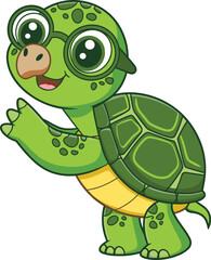 Adorable cartoon turtle wearing glasses, happy green turtle with spotted shell, smiling kid-friendly animal illustration, vector art design, digital drawing