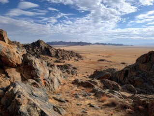 Desolate Gobi expanse: Rugged Rocks and Solitary Dune on the Horizon