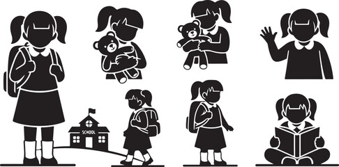 Vector art of collection of simple black and white silhouette icons depicting school girls with backpacks, reading books, playing with teddy bears, and waving hello, isolated on white background
