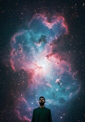 Obraz premium A man gazing at a vibrant, colorful nebula in outer space, symbolizing wonder and exploration