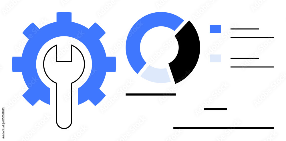Poster gear with wrench alongside a pie chart and minimal text lines for tools, analytics, workflow, produc