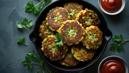 Fried vegetable cutlets served in a black pan with fresh parsley and side of ketchup. Vegetarian snack or appetizer.