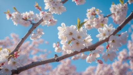 Obraz premium Cherry blossoms in full bloom with a bright blue sky background.