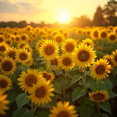 Fototapeta premium Sunflower Field with Golden Light, of sunflowers