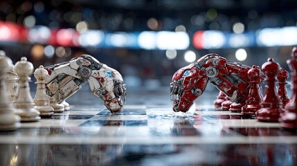 Robotic hands engaged in a strategic chess match, showcasing competition and advanced technology