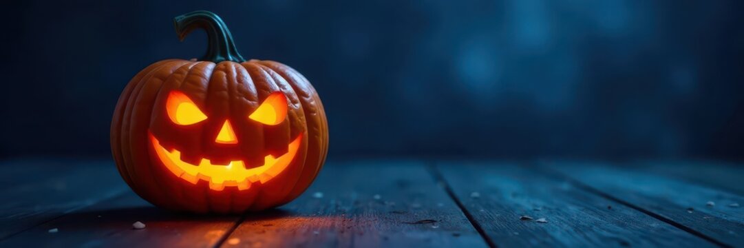 Glowing jack o lantern illuminated in spotlight on dark blue background , glow, , Halloween decoration