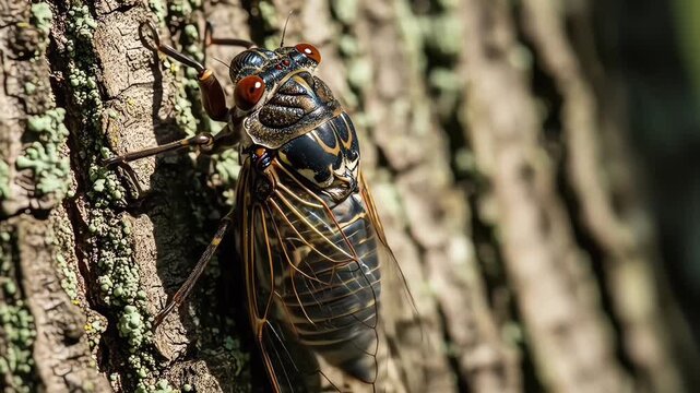 A detailed macro shot of a large black cicada with striking red compound eyes perched on the rough bark of a tree in the wild.