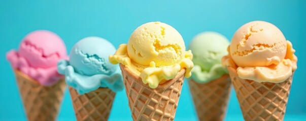Vibrant ice cream scoops in crispy waffle cones against a blue backdrop , delicious food, image