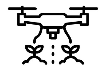 Drone spraying heart shapes on plants line art icon love