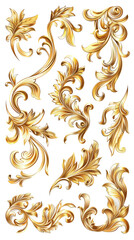 Golden ornamental flourish in elegant baroque style with intricate decorative curves ideal for luxury and classical designs, PNG, isolated on transparent background.