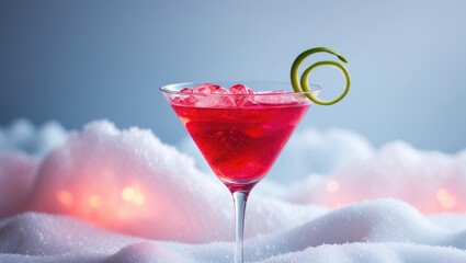 A red cocktail with a lime twist garnish in a martini glass, set against a snowy background with snowballs and a cool blue sky.