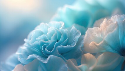 Close-up of light blue carnations with soft, ruffled petals.