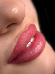 Close-up of a woman's lips with a soft pink lipstick. The skin is smooth and well-groomed,...