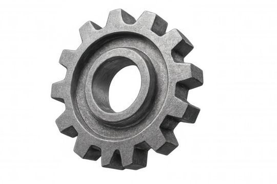 Close-up of a rotating steel gear on a transparent background, symbolizing industrial engineering and mechanics