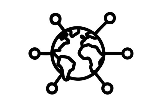 Outline icon of the Earth connected to multiple nodes in a network globe world