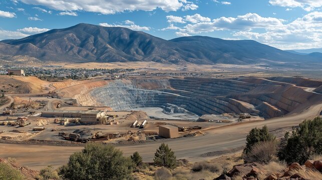Aerial view of active gold mining operation in Nevada desert showing open pit, trucks and office structure with mountain range