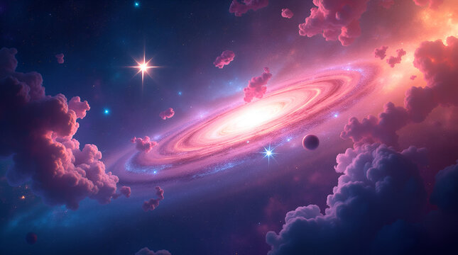 Colorful abstract galaxy with glowing stars, nebula clouds, and cosmic light rays, space background