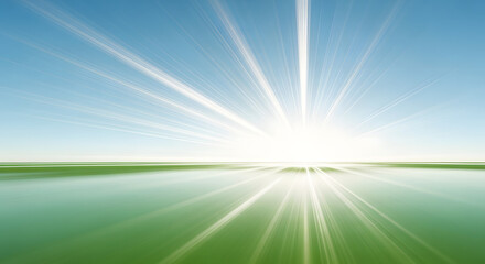Obraz premium Bright Sunburst Over Green Field and Blue Sky rays