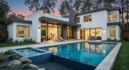 Fototapeta premium Contemporary Luxury Home with Infinity Style Pool and Modern Outdoor Living Space