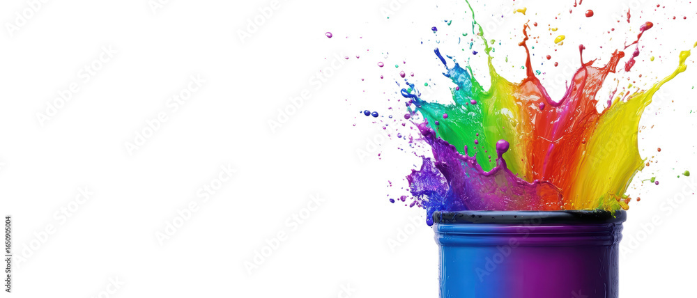 Poster rainbow paint splash erupting from container against dramatic backdrop with vibrant colors and dynam