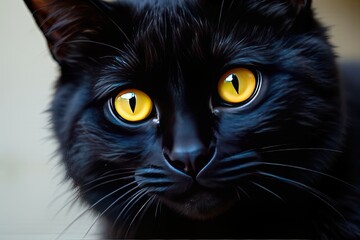 Close-up of a Black Cat with Striking Yellow Eyes and Glossy Fur