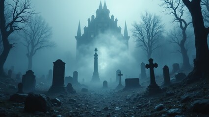 Spooky Cemetery Scene with Fog and Eerie Mansion in Background