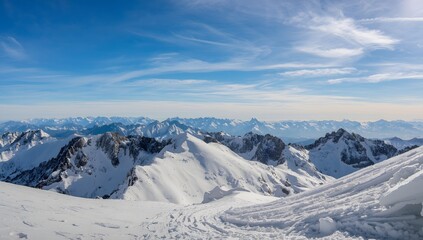 Stunning snow-capped mountain range under a clear blue sky, perfect for adventure ads